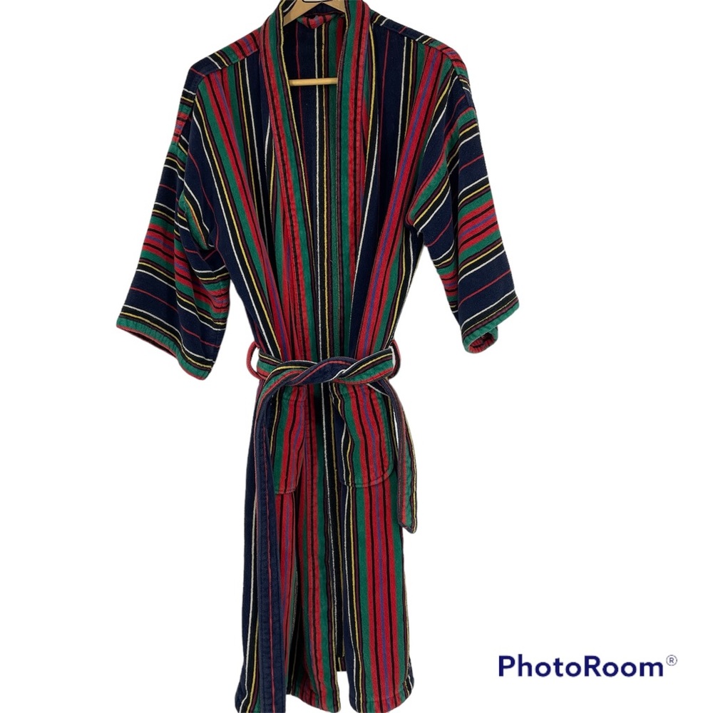Vintage Norm Thompson striped Terry robe with belt cotton OSFA